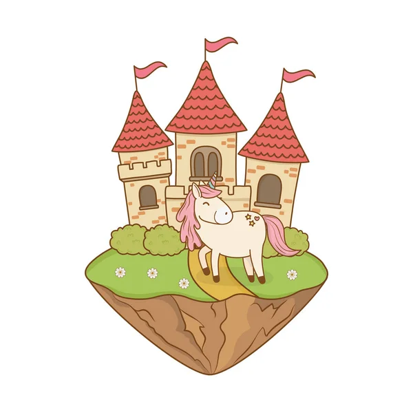 Cute fairytale unicorn with castle in the landscape — Stock Vector