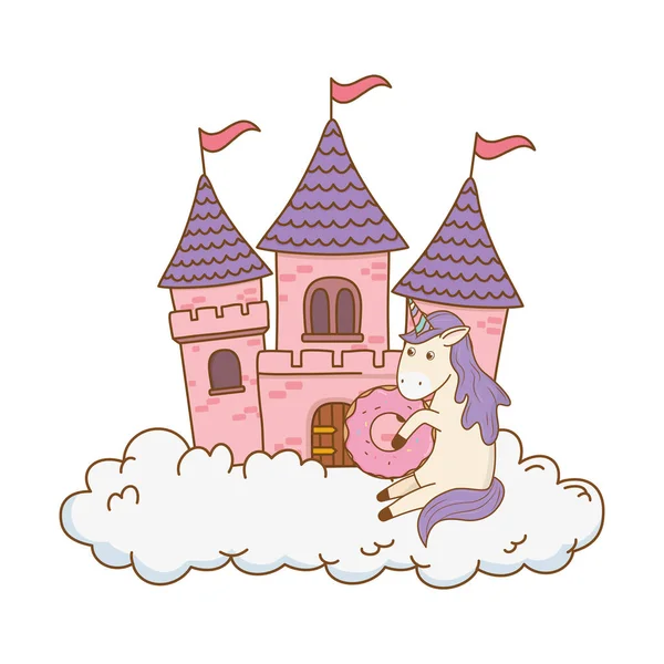 Mignon conte de fées licorne avec château dans les nuages — Image vectorielle