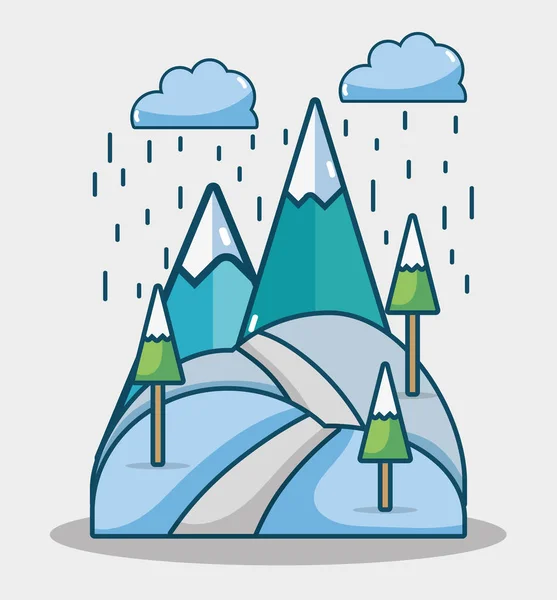 Montagnes d'hiver avec pins et nuages pluie — Image vectorielle