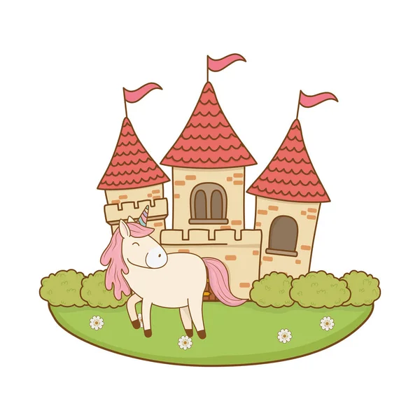 Carino unicorno fiabesco con castello nel paesaggio — Vettoriale Stock