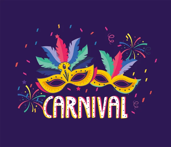 Máscaras con plumas y fuegos artificiales a fiesta de carnaval — Vector de stock