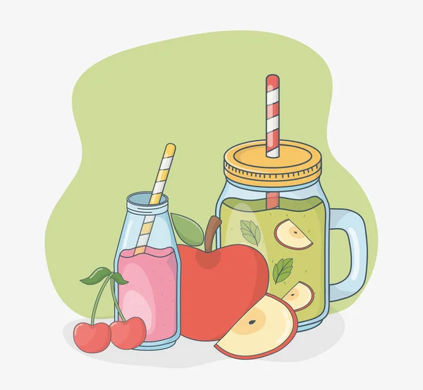 Juego de vasos recipientes con zumos de frutas y pajitas — Vector de stock