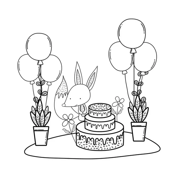 Conejo con pastel dulce y globos en el paisaje — Archivo Imágenes Vectoriales