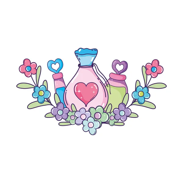 Liefde poeder Potion tas en flessen — Stockvector