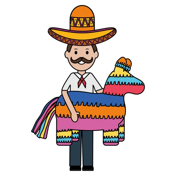 Meksykański człowiek z kapeluszem Mariachi i Pinata — Wektor stockowy