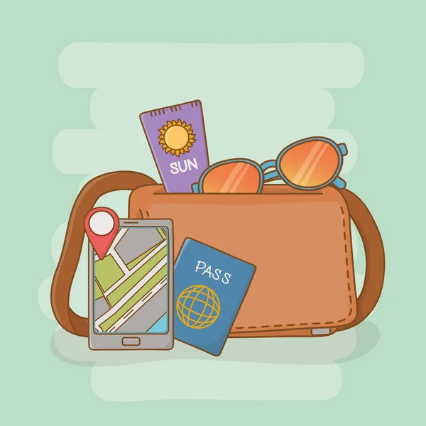 Maleta con artículos de vacaciones de viaje — Vector de stock