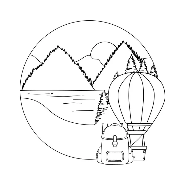 Globo de aire caliente volando con pinos y montañeses escena — Vector de stock