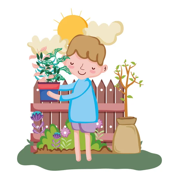 Pozos de riego, jardín de flores, plantas y flores en estilo dibujos