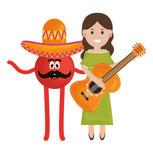 Hermosa mujer mexicana tocando la guitarra con emoticono — Archivo Imágenes Vectoriales