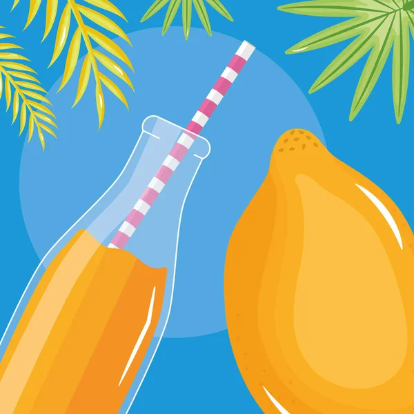 Свіжі фрукти папайського соку в бульбашці з соломою в листових долонях — стоковий вектор