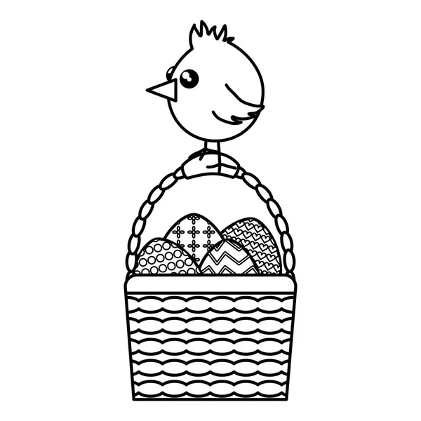 Pollita con huevos pintados en la cesta de Pascua — Archivo Imágenes Vectoriales
