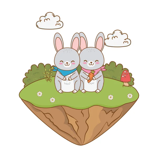 Cute rabbits in the field woodland characters — Stock Vector