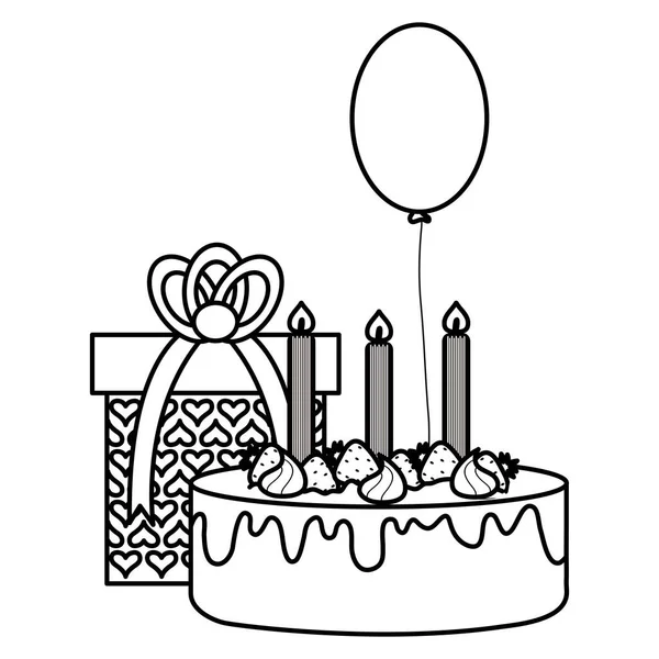Caixa de presente com bolo doce e hélio balão flutuante —  Vetores de Stock
