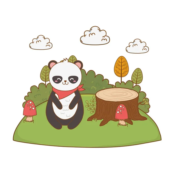 Bonito urso panda no campo arborizado personagem — Vetor de Stock