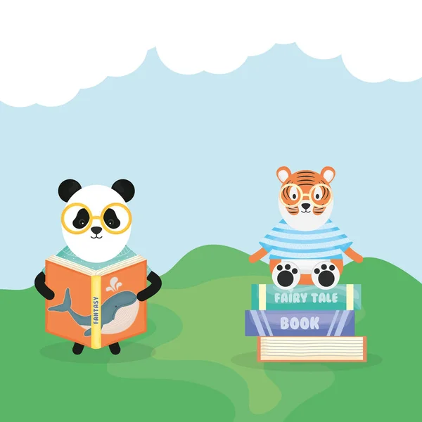 Милий ведмідь панда читає книгу і тигр в книгах — стоковий вектор