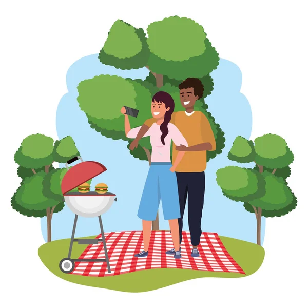Millennial coppia smartphone prendendo selfie sfondo cornice picnic — Vettoriale Stock