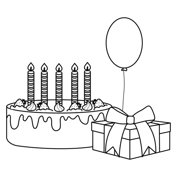 Κουτί δώρου με γλυκό κέικ και μπαλόνι με ήλιο που επιπλέει — Διανυσματικό Αρχείο