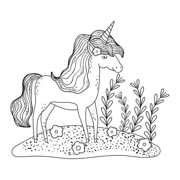 Beautiful little unicorn in the landscape — Stock Vector