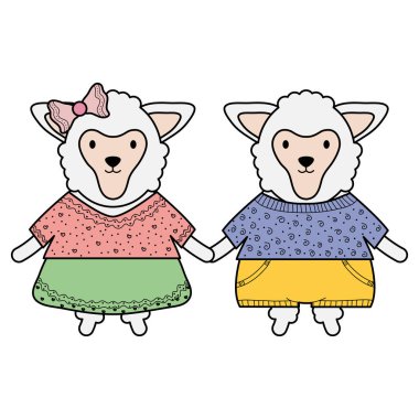 sevimli koyun çift çocuksu karakterler