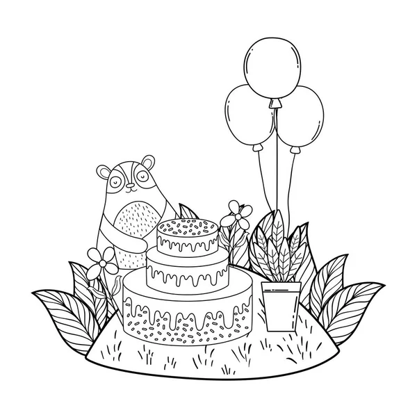 Lindo oso con pastel dulce y globos helio — Vector de stock