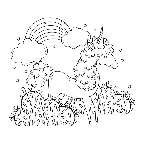 Beautiful little unicorn with rainbow in the landscape — Stock Vector