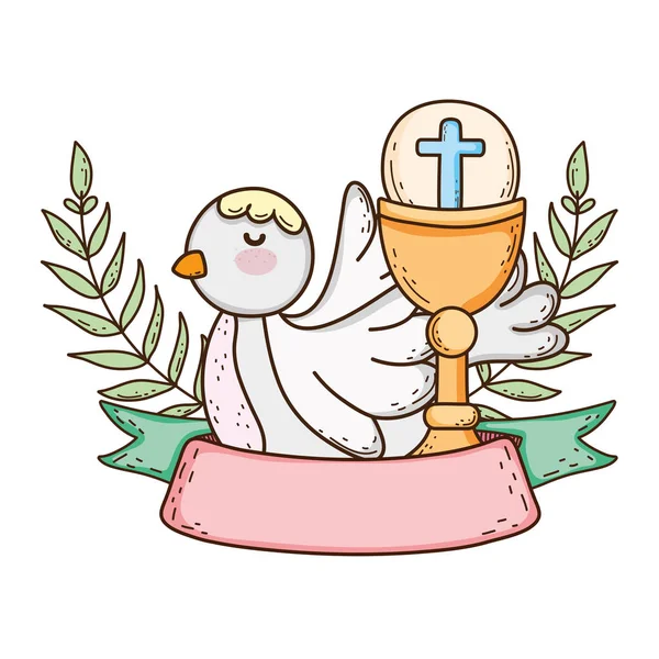 Sacred chalice religious with dove bird — Stock Vector