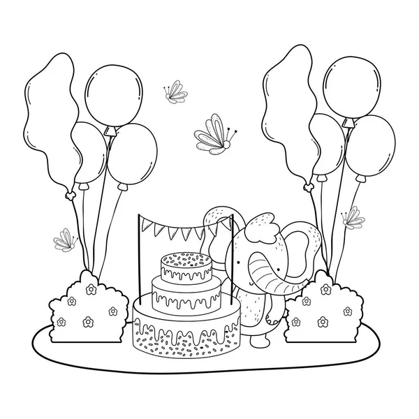 野原でケーキと風船ヘリウムを持つ象 — ストックベクタ