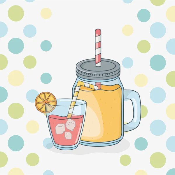 Juego de vasos recipientes con zumos de frutas y pajitas — Vector de stock