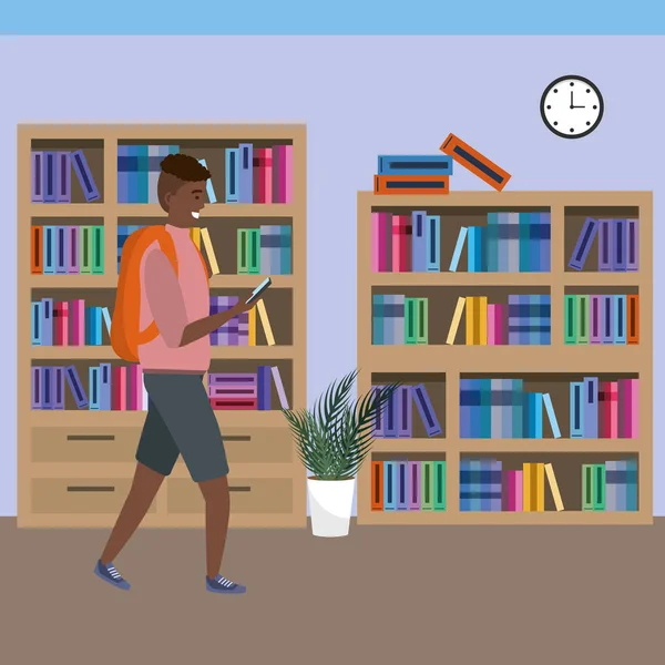 Tysiąclecia uczeń za pomocą smartfona w bibliotece — Wektor stockowy