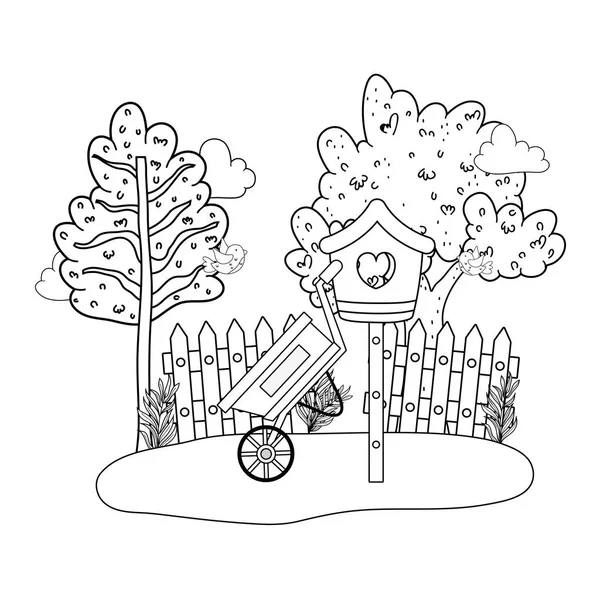 Cute birdhouse with wheelbarrow — Stock Vector