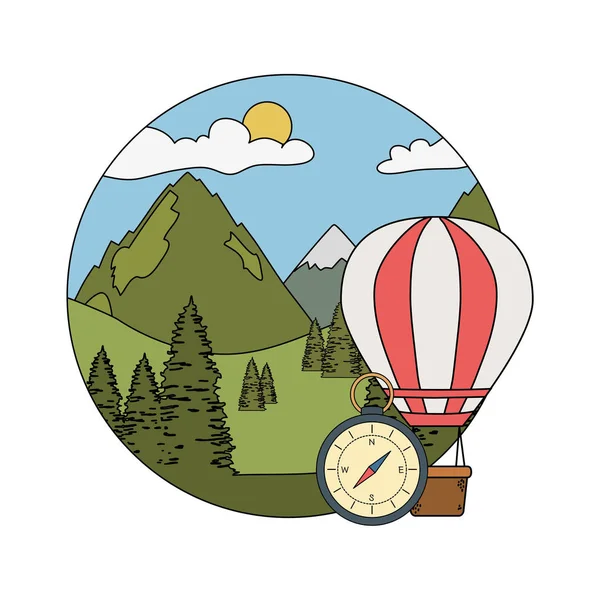 Globo de aire caliente volando con pinos y montañeses escena — Vector de stock