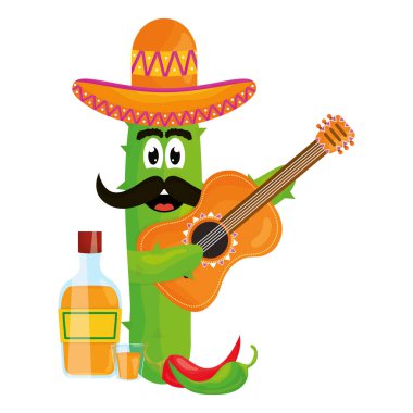 şapka ve gitar komik karakter ile Meksika kaktüs