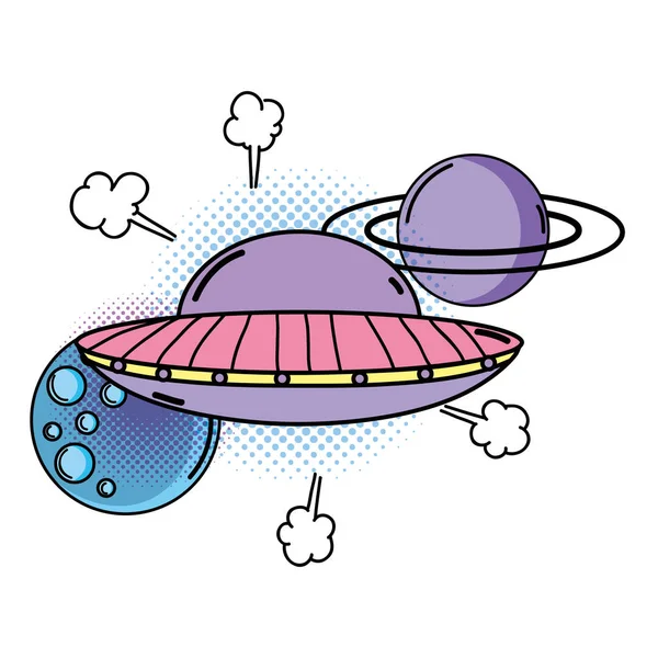 Ufo voando com planetas estilo pop art —  Vetores de Stock