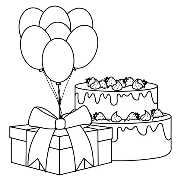 Ajándék doboz édes torta és lufik hélium úszó — Stock Vector