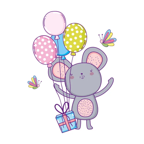 Lindo y pequeño ratón con globos de helio — Vector de stock