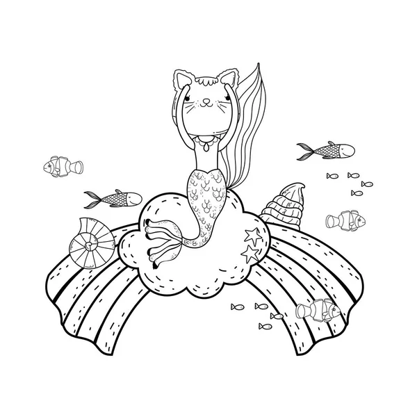 Purrmaid com nuvens e arco-íris submarino — Vetor de Stock