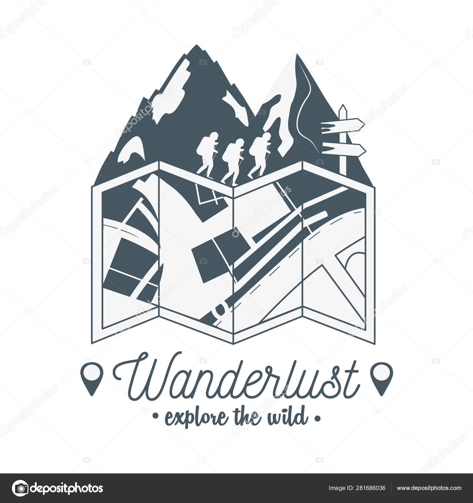 Wanderlust label with forest scene and paper map Stock Vector Image by