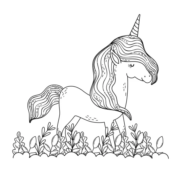 Beautiful little unicorn in the landscape — Stock Vector