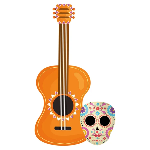 Máscara morte crânio mexicano com guitarra — Vetor de Stock