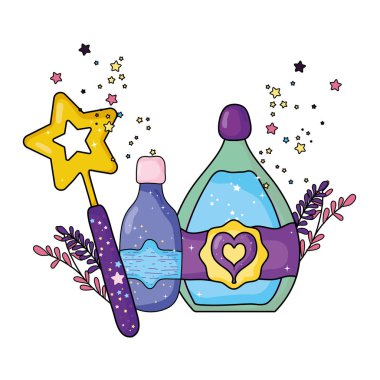 değnek ile sihirli iksir şişeleri