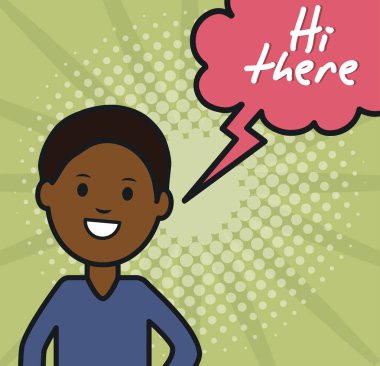 merhaba orada messague ile genç afro adam ve konuşma balonu