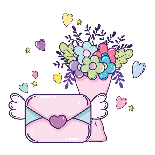 Sobre con corazón y flores — Vector de stock