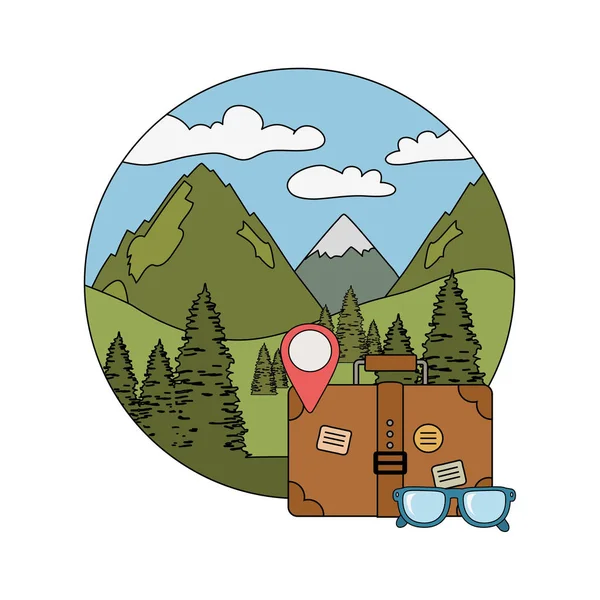 Viaje maleta con gafas y el icono de camping — Vector de stock