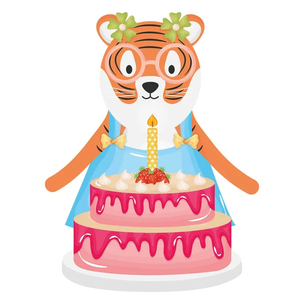 Cute tiger with sweet cake in party celebration — Stock Vector
