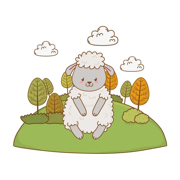 Cute sheep in the field woodland character — Stock Vector