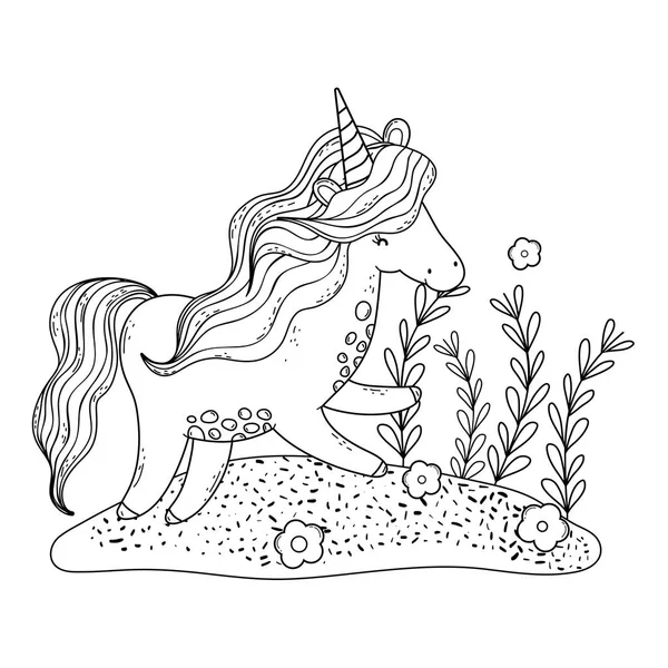 Beautiful little unicorn in the landscape — Stock Vector