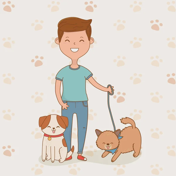 Jeune homme avec mascottes de chiens mignons — Image vectorielle
