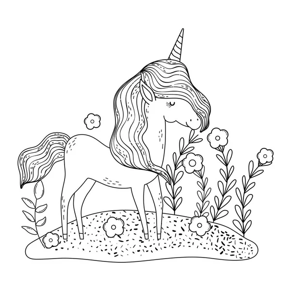 Beautiful little unicorn in the landscape — Stock Vector