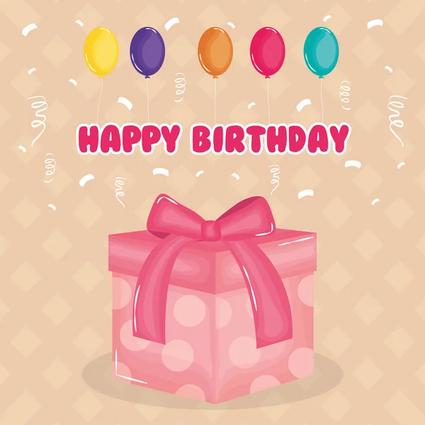 Glückwunschkarte zum Geburtstag mit Geschenk und Luftballons Helium — Stockvektor