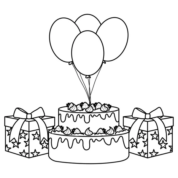 Caja de regalo con pastel dulce y globos de helio flotante — Vector de stock